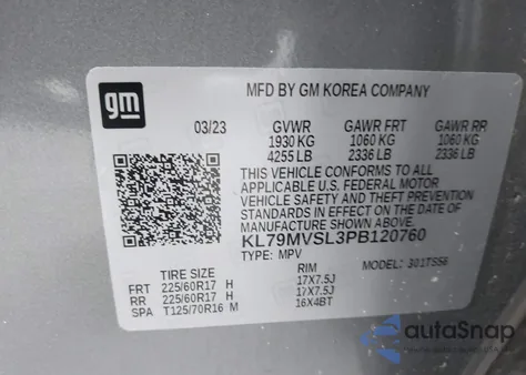 2023 Chevrolet Trailblazer Fwd Activ из США, поврежденный, VIN KL79MVSL3PB120760